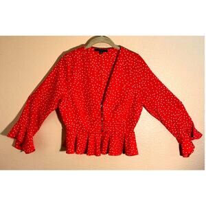 Haute Monde Red Polka Dot Long Sleeve Low Cut Blouse Sz M